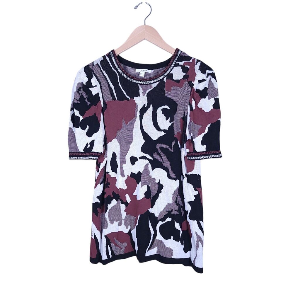 Chico's Sweater Top 2 L Jacquard Printed Short Sleeve Knit